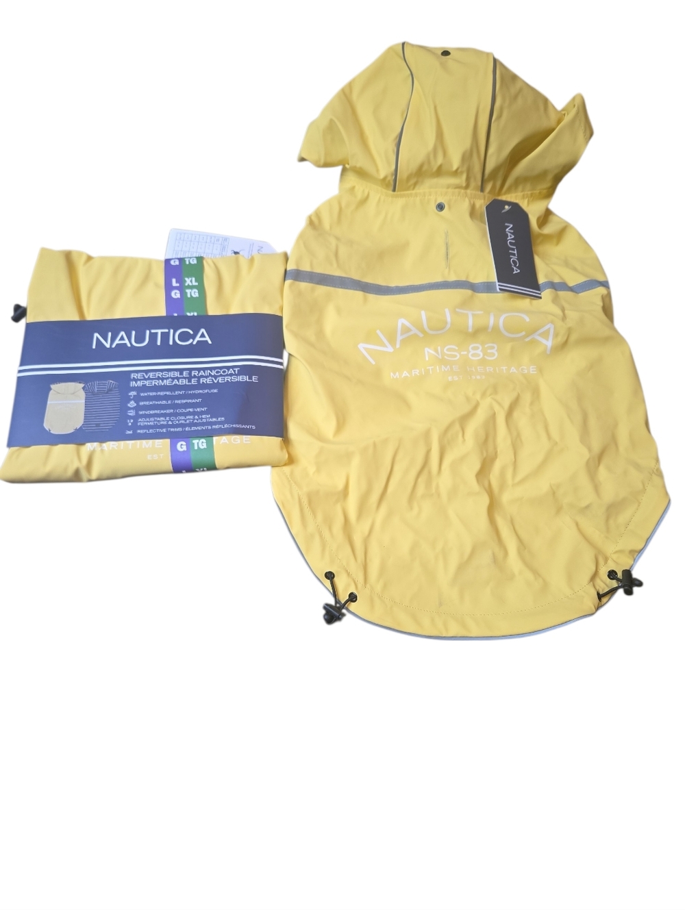 Nautica L/XL Large/X-Large NEW Reversible Blue Striped & Yellow Dog Raincoat